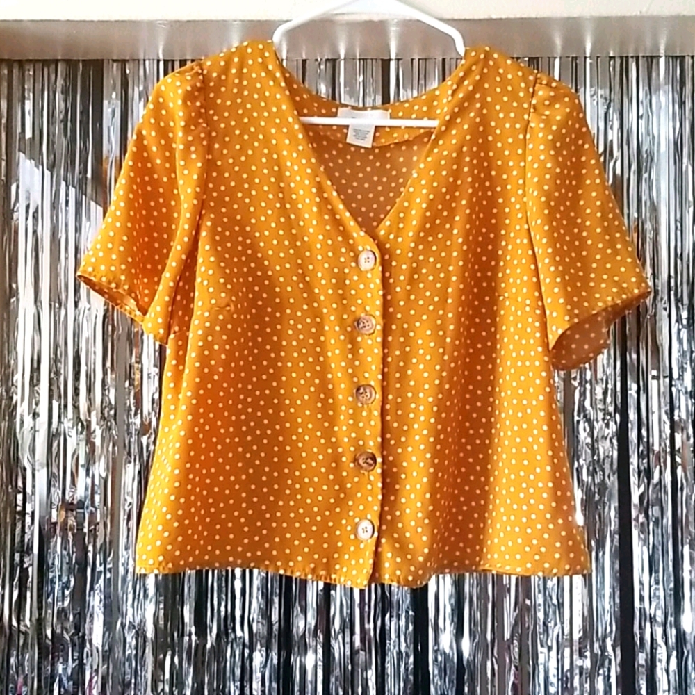 Mustard yellow polka dot blouse